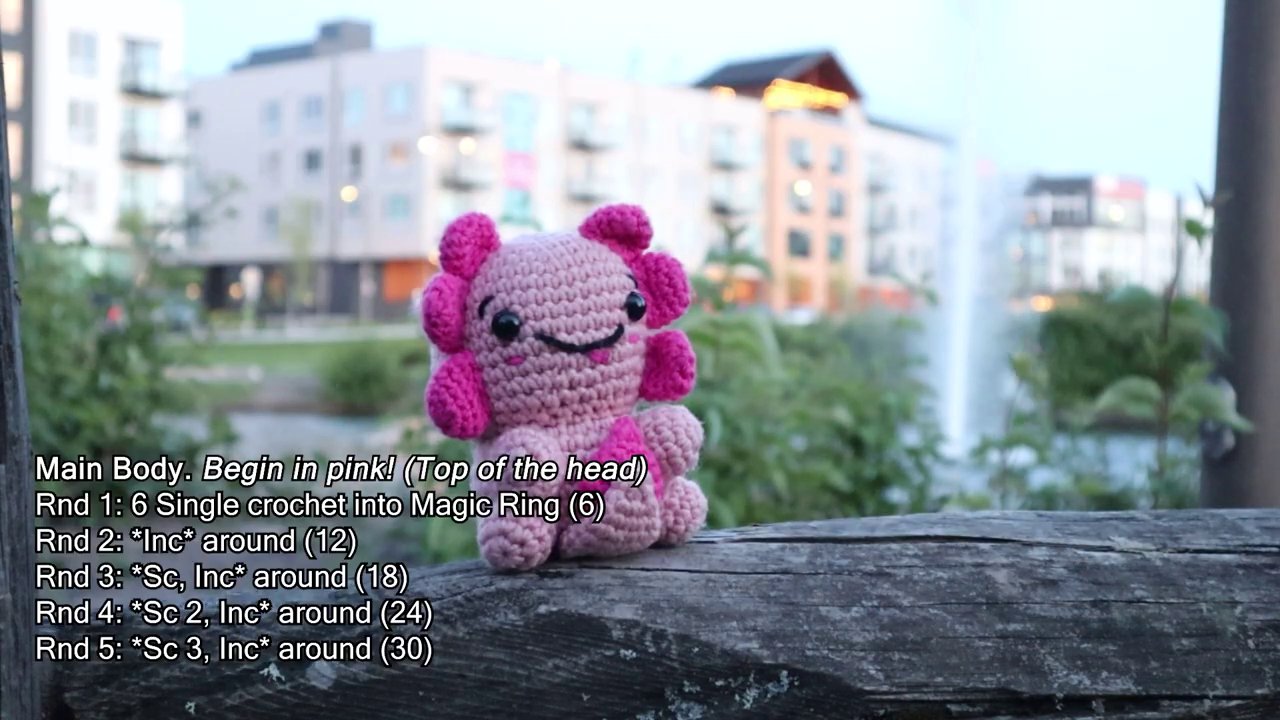 Chú axolotl móc len hoàn chỉnh, với nụ cười tươi và đôi mắt đen láy, ngồi trên khúc gỗ trong công viên, tạo nên một bức ảnh dễ thương và đầy cảm hứng.