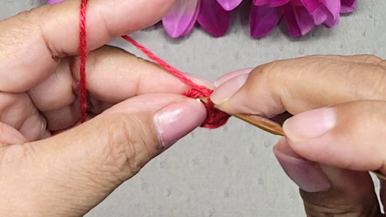 Bàn ta y đang cầm kim móc và sợi len, tập trung và o một mũi móc duy nhất.